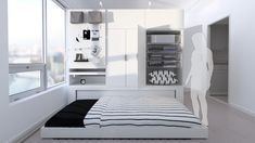 a bedroom with white walls and flooring has a bed in front of the window