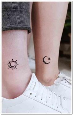 two people with matching tattoos on their feet, one has a crescent and the other has a star