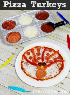 pizza turkeys on a paper plate with red peppers and cheese