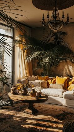 a living room filled with lots of furniture next to a large potted palm tree