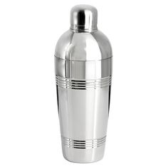 a stainless steel cocktail shaker on a white background