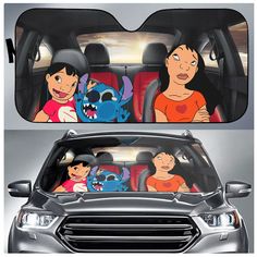 two cartoon characters are sitting in the back seat of a car and one is smiling