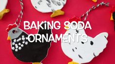 homemade baking soda ornaments with chickens and roosters hanging from the sides on a red background