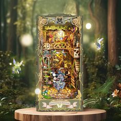 an image of a clock in the middle of a forest with flowers and butterflies around it