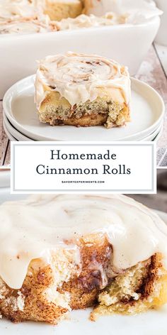 homemade cinnamon rolls with icing on top and in the middle, sitting on a white plate