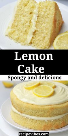 lemon cake with white frosting and sliced lemons next to it on a plate