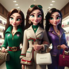 three women are standing in a store holding purses and wearing gucci dresses,