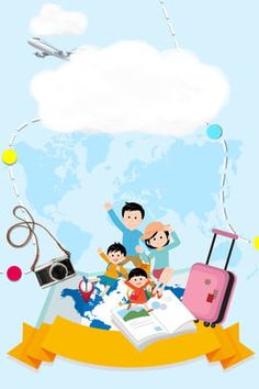 an image of family traveling around the world on a map with airplane and clouds in the background