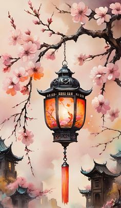 Acrylic Japanese Painting, Lantern Drawing, Cherry Blossom Pictures, Chinese Painting Flowers, Lantern Art, Japanese Lantern, Chinese Artwork, Japan Painting, Paper Background Design