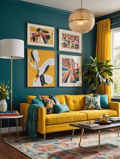 a living room with blue walls and yellow couches, paintings on the wall above