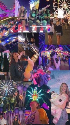 the collage shows people at an amusement park and carnival rides with lights on them