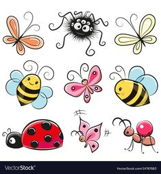 a bunch of different types of bugs and insects on a white background with black dots