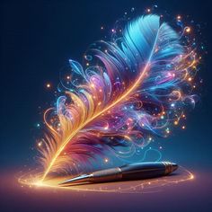 a feather pen sitting on top of a blue surface next to an orange and pink feather