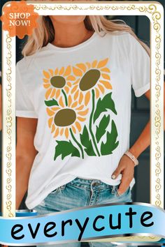 White Sunflower Graphic Print Crew Neck T Shirt Summer Casual T-shirt With Sunflower Print, Summer Floral Print Crew Neck T-shirt, Summer Crew Neck T-shirt With Plant Print, Spring Casual T-shirt With Sublimation Print, White Casual T-shirt With Plant Print, White Tops With Plant Print For Summer, Casual White T-shirt With Plant Print, White Crew Neck Tops With Plant Print, Summer Sunflower Print Crew Neck Top