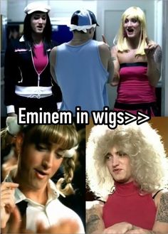 four different pictures with the same caption for each one, including an image of women in wigs