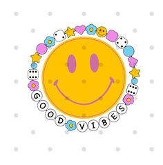 a yellow smiley face surrounded by small stars and other items that spell out the word goodbye