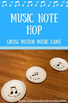 three paper plates with musical notes on them and the words music note hop written in white