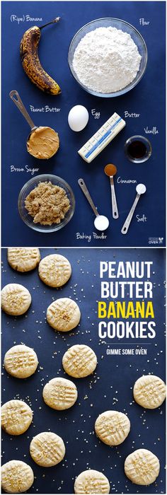 peanut butter banana cookies on a blue table with ingredients for the recipe and instructions to make them