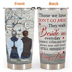 two personalized travel mugs, one with an angel and the other with a message