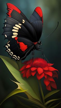 a butterfly sitting on top of a red flower