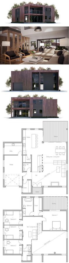 three different views of the same building, each with its own floor plan and elevation details