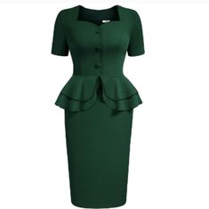 Hunter Green Peplum Vintage Style Dress Brand New Size S. Measurements In Pics. Ask Me Any Questions! Women 1940s, 40s Dress, Dresses 40s, Bodycon Cocktail Dress, Stylish Work Attire, Classy Dress Outfits, 1940s Dresses, Classy Work Outfits, Stretchy Dress