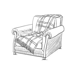 an outline drawing of a chair with plaid fabric on the back and armrests