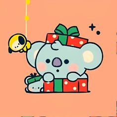 a cartoon koala bear holding a gift box with a yellow bird hanging from it