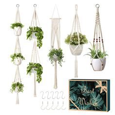 macrame plant hangers with plants in them and a sign that says best wishes