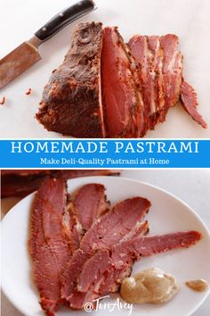 two pictures show different types of pastrami on white plates with knife and fork