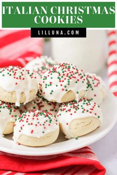 italian christmas cookies with white frosting and sprinkles on a plate