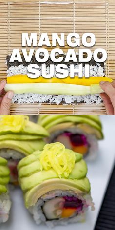 sushi rolls with mango and avocado are displayed in front of bamboo blinds