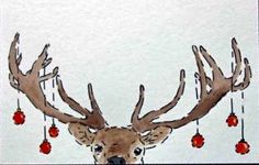 a painting of a deer with christmas ornaments hanging from it's antlers