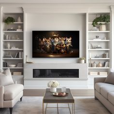 a living room filled with furniture and a large tv mounted to the wall over a fire place