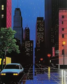 a painting of a city street at night with cars parked on the road and buildings in the background