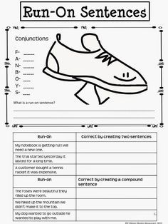 the worksheet for running on sentences is shown in black and white, which includes