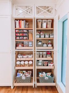 the pantry is organized and ready to be used as storage for many things in the house