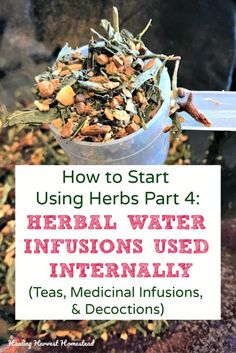 How to start using herbs: This part 4 of the series will teach you about herbal water infusions used internally. These are teas, medicinal infusions, and decoctions. Find out what they are, how to make them, and when to use them. #howtouse #herbs #infusions #waterinfusions #tea #herbal #decoction #medicinal #infusion #healingharvesthomestead Herbal Decoction, Herbal Water, Herbs For Sleep, Herbs List, Herbal Tea Blends, Cold Home Remedies, Herbal Infusion