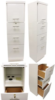 four different views of an open cabinet with drawers