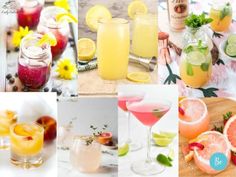 there are many different drinks and beverages in this collage, including lemons, oranges, watermelon, gin