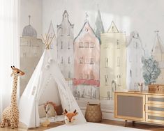 a child's bedroom with a teepee tent and giraffe toys