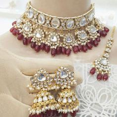 Gold Rodium Polish Red and Maroon color Necklace in Metal Alloy studded with Kundan, Pearl Maroon Necklace, Nath Nose Ring, Violet Necklace, Heavy Earrings, Bridal Fashion Jewelry, Color Necklace, Metal Necklace, Kundan Necklaces, White Necklace