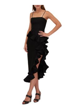 Women’s Designer Dresses | Mitchell Stores Fitted Midi Strapless Dress With Ruffles, Elegant Strapless Dress With Ruffle Hem For Date Night, Formal Midi Dress With Spaghetti Straps And Ruffles, Asymmetrical Ruffled Skirt Dress, Strapless Midi Dress With Ruffle Hem For Evening, Formal Strapless Asymmetrical Dress For Summer, Fitted Strapless Dress With Asymmetrical Hem For Spring, Elegant Strapless Dress With Asymmetrical Hem, Elegant Strapless Dress With Asymmetrical Hem For Cocktail