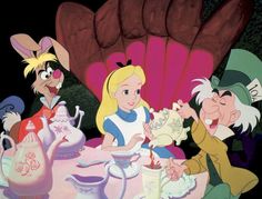 alice and the seven dwarfs are having tea at a table with their hands in the air