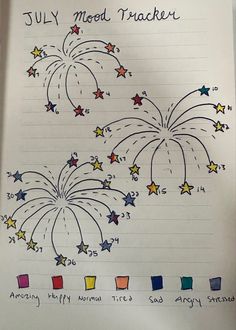 a notebook with fireworks drawn on it and stars in the sky above them, reading july mead tracher