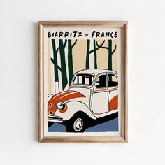 an old car is parked in front of some trees and the words biarritz - france