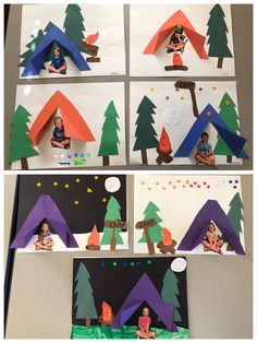 four different pictures of children's crafts made out of paper with trees and mountains