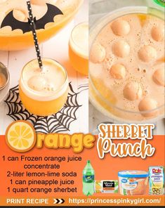 an advertisement for orange punch with pictures of drinks and ingredients to make it look like they are