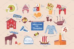 the welcome sign is surrounded by many different things in this graphic art work, including an image