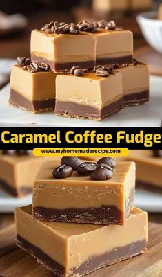 caramel coffee fudge bars stacked on top of each other